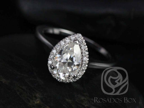 1.50ct Julie 9x6mm 14kt White Gold Forever One Moissanite Diamond Minimalist Dainty Pear Halo Ring,Pear Engagement Ring - Rosados Box
