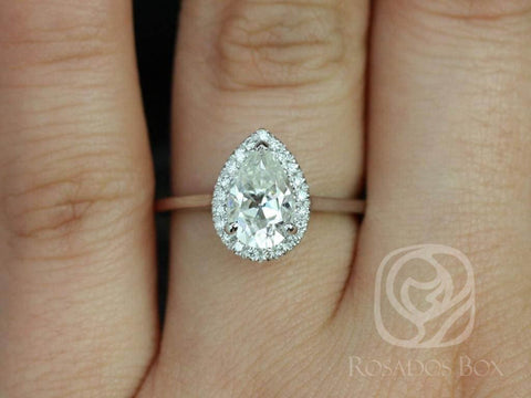 1.50ct Julie 9x6mm 14kt White Gold Forever One Moissanite Diamond Minimalist Dainty Pear Halo Ring,Pear Engagement Ring - Rosados Box