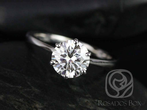 1.50ct Ready to Ship Skinny Wendy 7.5mm 14kt White Gold Forever One DEF Moissanite Dainty Tapered 6 Prong Round Solitaire Ring - Rosados Box