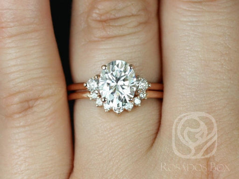 2ct Gloria 9x7mm & Rayna 1.0 14kt Gold Moissanite Diamond 3 Stone Oval Bridal Set,Three Stone Ring,Oval Engagement Ring,Unique Oval Ring