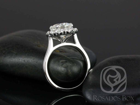 3ct Katherine 10x8mm 14kt White Gold Forever One Moissanite Diamond Unique Cathedral Scalloped Oval Halo Engagement Ring - Rosados Box