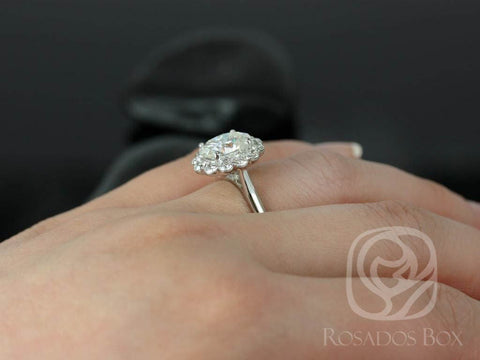 3ct Katherine 10x8mm 14kt White Gold Forever One Moissanite Diamond Unique Cathedral Scalloped Oval Halo Engagement Ring - Rosados Box