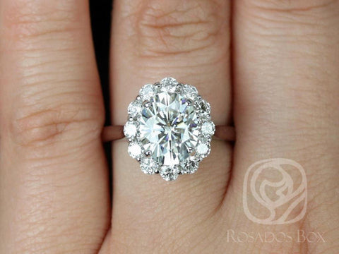 3ct Katherine 10x8mm 14kt White Gold Forever One Moissanite Diamond Unique Cathedral Scalloped Oval Halo Engagement Ring - Rosados Box