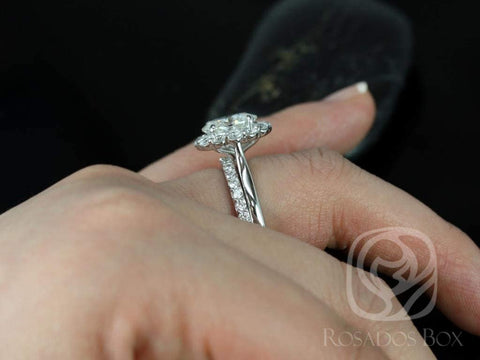 Katherine 10x8mm 14kt White Gold Oval Forever One Moissanite Diamond Flower Petal Halo Classic Bridal Set - Rosados Box