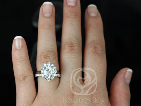 Katherine 10x8mm 14kt White Gold Oval Forever One Moissanite Diamond Flower Petal Halo Classic Bridal Set - Rosados Box