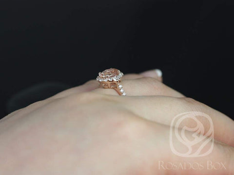 Bridgette 8x6mm 14kt Morganite Diamonds Dainty Unique Oval Halo Ring - Rosados Box