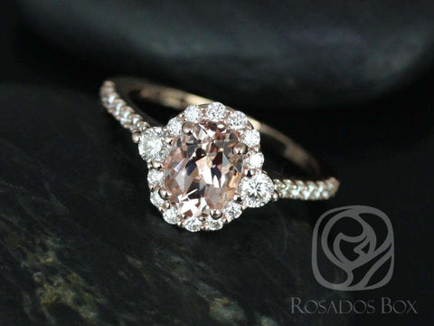 Bridgette 8x6mm 14kt Morganite Diamonds Dainty Unique Oval Halo Ring - Rosados Box