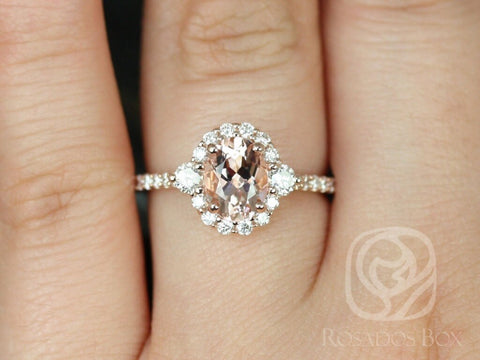 Bridgette 8x6mm 14kt Morganite Diamonds Dainty Unique Oval Halo Ring - Rosados Box
