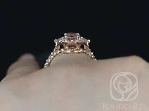 Bridgette 8x6mm 14kt Gold Morganite Diamond Unique Halo Bridal Set,Morganite Engagement Ring Set,Morganite Halo Ring,Unique Wedding Ring