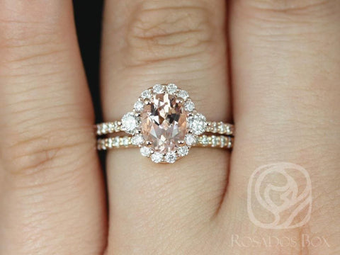 Bridgette 8x6mm 14kt Gold Morganite Diamond Unique Halo Bridal Set,Morganite Engagement Ring Set,Morganite Halo Ring,Unique Wedding Ring