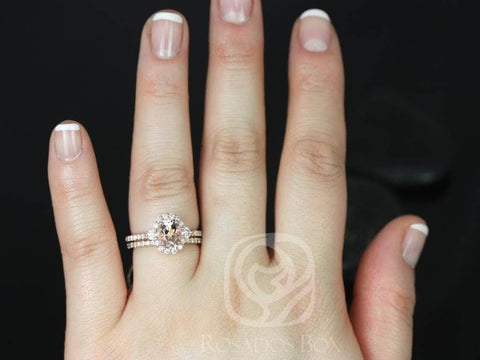 Bridgette 8x6mm 14kt Gold Morganite Diamond Unique Halo Bridal Set,Morganite Engagement Ring Set,Morganite Halo Ring,Unique Wedding Ring