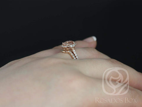 Bridgette 8x6mm 14kt Gold Morganite Diamond Unique Halo Bridal Set,Morganite Engagement Ring Set,Morganite Halo Ring,Unique Wedding Ring