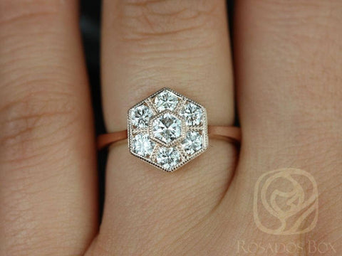 Ready to Ship Mosaic Grande 14kt Rose Gold Art Deco Hexagon WITH Milgrain Diamonds Unique Cluster Ring - Rosados Box