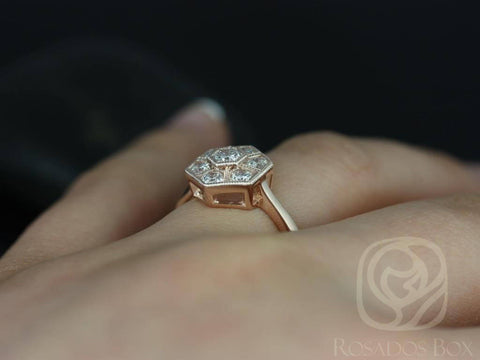 Ready to Ship Mosaic Grande 14kt Rose Gold Art Deco Hexagon WITH Milgrain Diamonds Unique Cluster Ring - Rosados Box