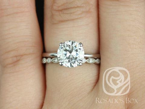 2ct Sandra 8mm & Gwen 14kt Moissanite Diamond Art Deco Round Solitaire Bridal Set - Rosados Box