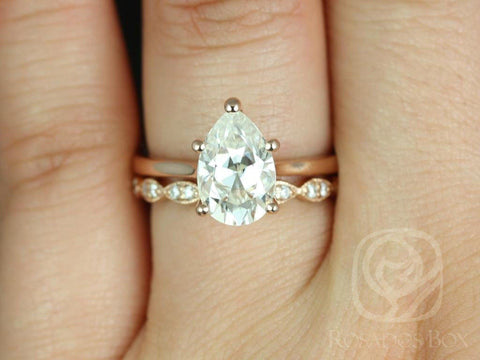 2ct Ready to Ship Skinny Jane 10x7mm & Christie 14kt YELLOW Gold Forever One Moissanite Pear Solitaire Bridal Set - Rosados Box