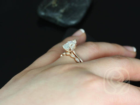 2ct Ready to Ship Skinny Jane 10x7mm & Christie 14kt YELLOW Gold Forever One Moissanite Pear Solitaire Bridal Set - Rosados Box