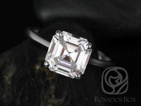 2.20ct Skinny Denise 8mm 14kt White Gold Moissanite Tapered Dainty Minimalist Asscher Solitaire Engagement Ring - Rosados Box