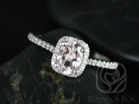 Ready to Ship Romani 7x5mm Platinum Morganite Diamonds Cushion Halo Ring - Rosados Box