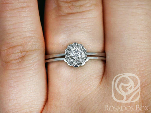 Ready to Ship Magnolia 14kt White Gold WITH Milgrain Diamond Flower Cluster TRIO Wedding Set, Rosados Box - Rosados Box