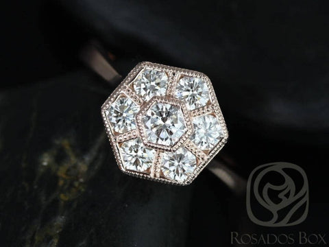 Ready to Ship Mosaic Grande 14kt Rose Gold Art Deco Hexagon WITH Milgrain Diamonds Unique Cluster Ring - Rosados Box