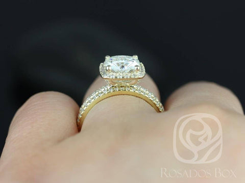 Ready to Ship Pernella 7mm 14kt Yellow Gold Cushion Forever One Moissanite Diamonds Micropave Halo Classic Bridal Set - Rosados Box