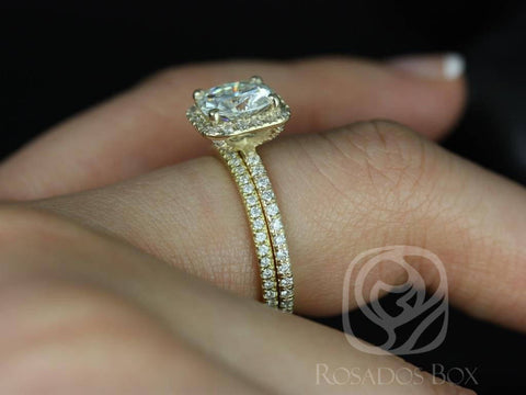 Ready to Ship Pernella 7mm 14kt Yellow Gold Cushion Forever One Moissanite Diamonds Micropave Halo Classic Bridal Set - Rosados Box