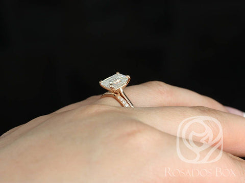 2ct Skinny Norma 9x7mm & Marla 14kt Moissanite Diamond Emerald Solitaire Bridal Set,Unique Wedding Rings,Emerald Engagement Ring,Anniversary