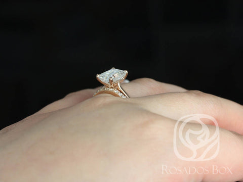 Skinny Norma 9x7mm & Taylor 14kt Rose Gold Emerald Moissanite Diamond Cathedral Bridal Set