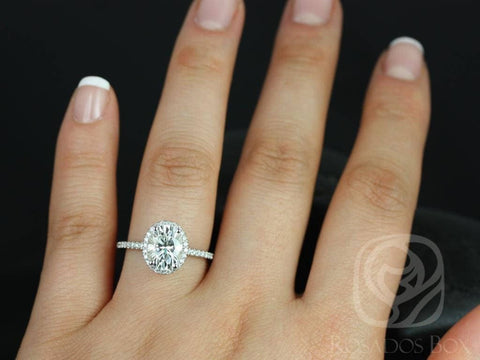 2ct Ready to Ship Federella 9x7mm Platinum Moissanite Diamond Dainty Pave Halo Ring - Rosados Box