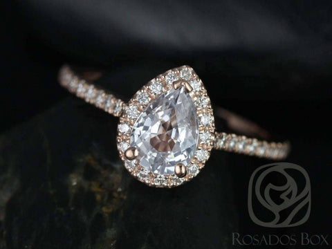 Ready to Ship Tabitha 7x5mm 14kt Solid YELLOW Gold White Sapphire Diamonds Dainty Pave Pear Halo Ring,Sapphire Engagement Ring - Rosados Box
