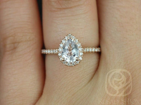 Ready to Ship Tabitha 7x5mm 14kt Solid YELLOW Gold White Sapphire Diamonds Dainty Pave Pear Halo Ring,Sapphire Engagement Ring - Rosados Box