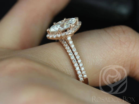 1ct SALE Ready to Ship Sasha 10x5mm 14kt WHITE Gold FB Moissanite Diamond Marquise Halo Bridal Set - Rosados Box