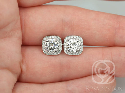 4ct Ready to Ship Rheine 14kt White Gold 8mm Moissanite Diamond Cushion Halo Stud Earrings,Gift For Her,Birthday Gift,Art Deco Studs