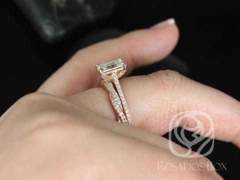 14kt gold emerald cut moissanite bridal set with vintage twist band worn on a finger