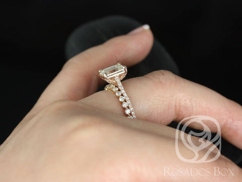 1.75ct Wilma 8x6mm & Petite Naomi 14kt Rose Gold Forever One Moissanite Diamond Emerald Solitaire Accent Bridal Set