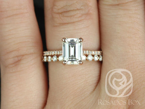 1.75ct Wilma 8x6mm & Petite Naomi 14kt Rose Gold Forever One Moissanite Diamond Emerald Solitaire Accent Bridal Set