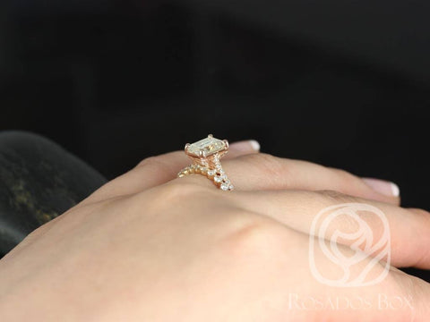 1.75ct Wilma 8x6mm & Petite Naomi 14kt Rose Gold Forever One Moissanite Diamond Emerald Solitaire Accent Bridal Set