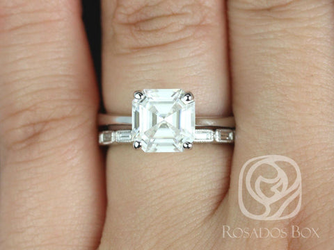 2.20ct Skinny Denise 8mm & Rihani 14kt Gold Forever One Moissanite Diamonds Art Deco Asscher Solitaire Bridal Set - Rosados Box