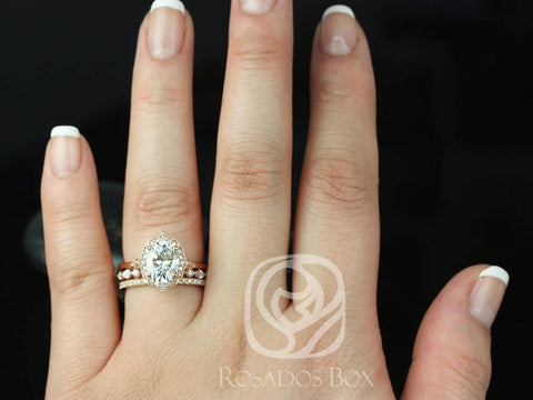 2ct Mae 9x7mm-Cher-Tabitha 14kt Rose Gold Moissanite Diamond Unique Art Deco Oval Halo TRIO Bridal Set