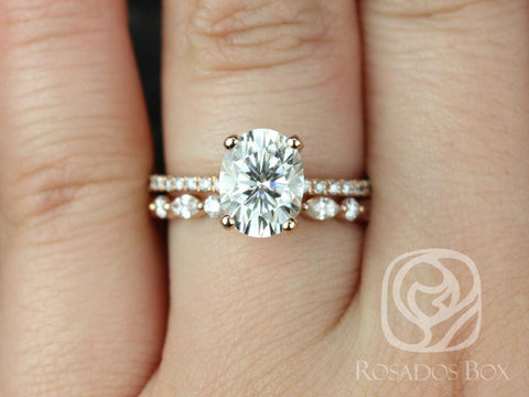 Hillary 9x7mm & Cher 14kt Rose Gold Oval Forever One Moissanite Diamond Basket Bridal Set - Rosados Box