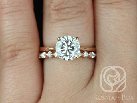 2ct Skinny Flora 8mm & Petite Cher 14kt Rose Gold Moissanite Diamond Dainty Cathedral Round Solitaire Bridal Set