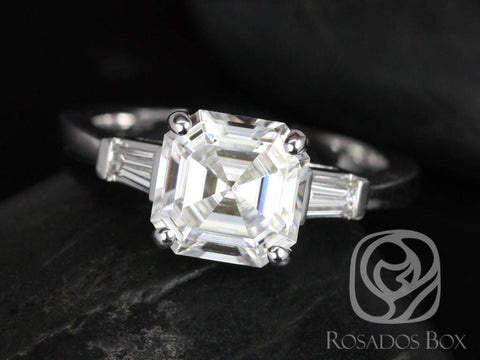 Ready to Ship Fae 8mm 14kt White Gold Forever One DEF Moissanite Diamond Art Deco Baguette 3 Stone Asscher Engagement Ring - Rosados Box