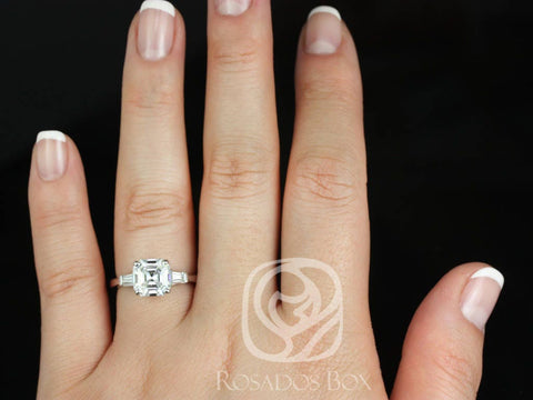 Ready to Ship Fae 8mm 14kt White Gold Forever One DEF Moissanite Diamond Art Deco Baguette 3 Stone Asscher Engagement Ring - Rosados Box
