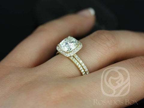Ready to Ship Pernella 7mm 14kt Yellow Gold Cushion Forever One Moissanite Diamonds Micropave Halo Classic Bridal Set - Rosados Box