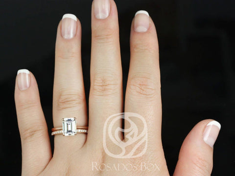 2ct Skinny Norma 9x7mm & Marla 14kt Moissanite Diamond Emerald Solitaire Bridal Set,Unique Wedding Rings,Emerald Engagement Ring,Anniversary