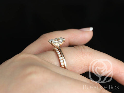 Skinny Norma 9x7mm & Taylor 14kt Rose Gold Emerald Moissanite Diamond Cathedral Bridal Set