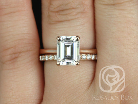 Skinny Norma 9x7mm & Taylor 14kt Rose Gold Emerald Moissanite Diamond Cathedral Bridal Set