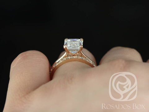 Skinny Norma 9x7mm & Taylor 14kt Rose Gold Emerald Moissanite Diamond Cathedral Bridal Set