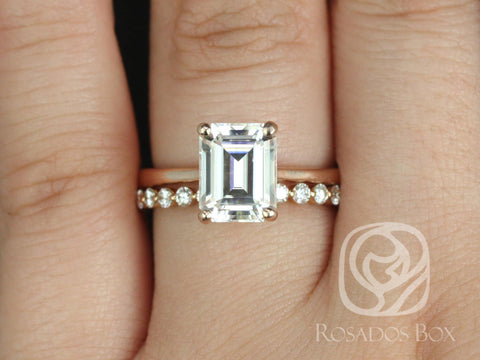 2.60ct Skinny Norma 9x7mm & Petite Naomi 14kt Rose Gold Moissanite Diamond Emerald Solitaire Bridal Set